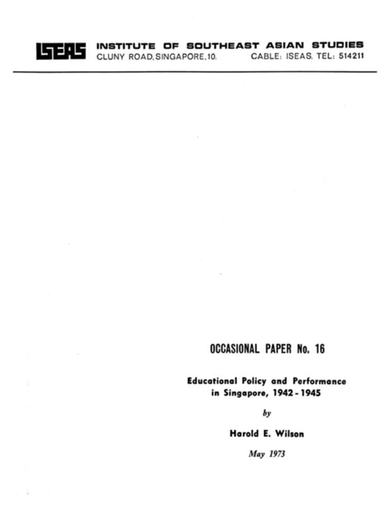 book: Educational Policy and Performance in Singapore, 1942 - 1945