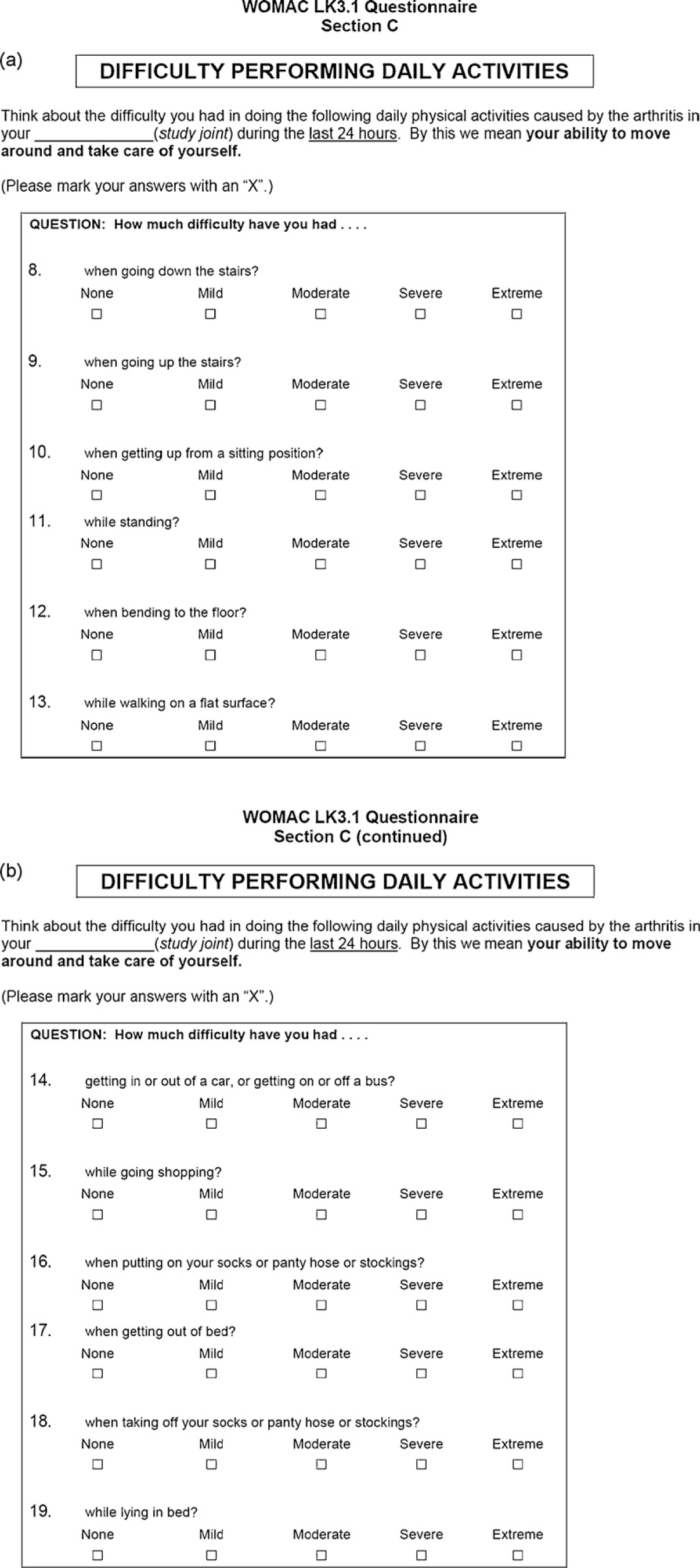 Fig. 4 
              a, b, c The Western Ontario and McMaster Universities (WOMAC) osteoarthritis index for functional abilities.
            