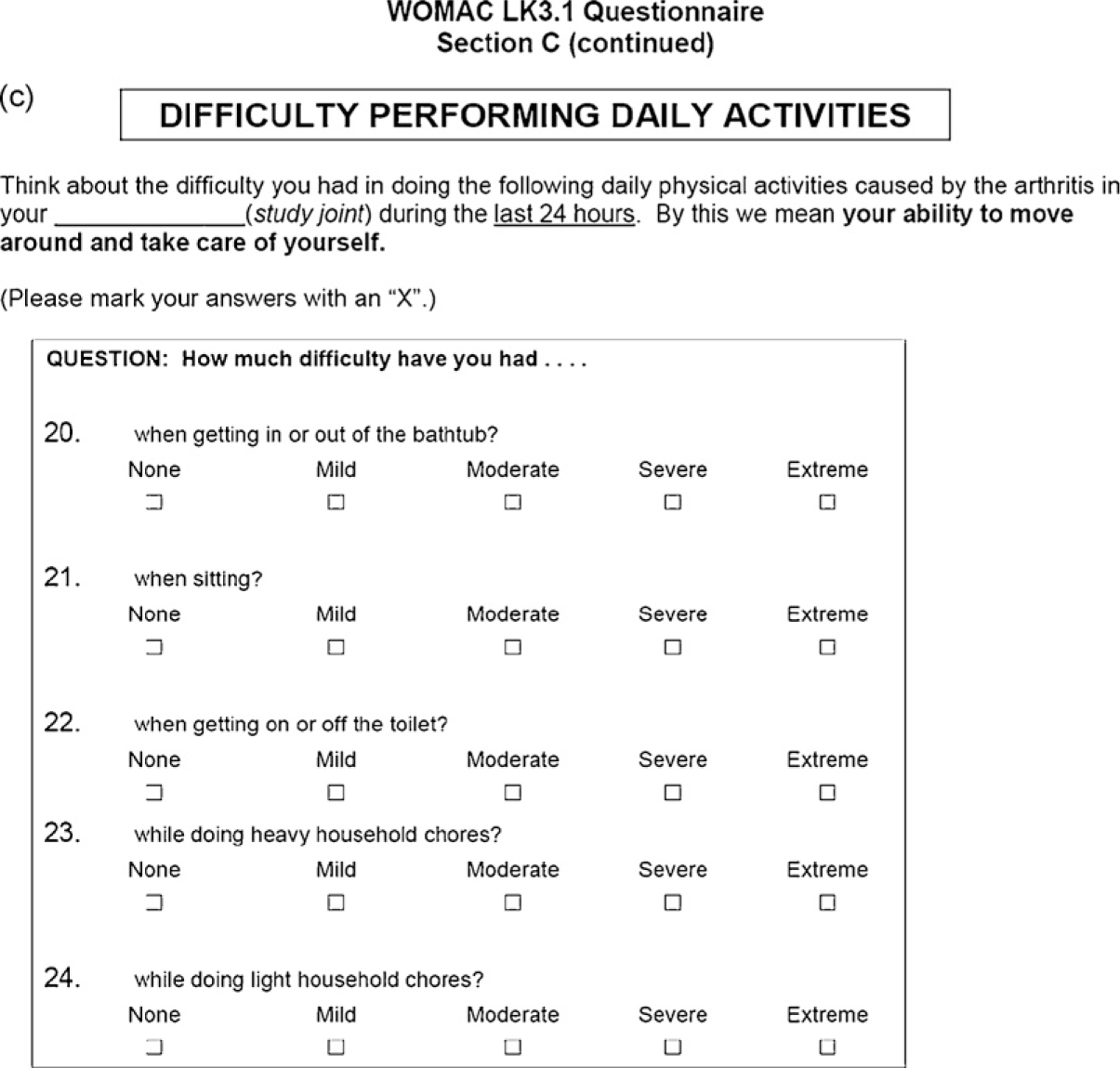 Fig. 4 
              a, b, c The Western Ontario and McMaster Universities (WOMAC) osteoarthritis index for functional abilities.
            