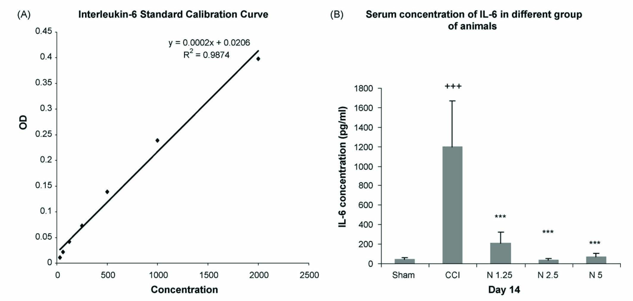 Fig. 2 
              (A) Interleukin-6 standard calibration curve for serum evaluation of IL-6 in different groups of animals. (B) Serum concentration of IL-6 in saline-treated CCI group, saline-treated sham group and drug-treated CCI group on day 14 post-ligation. Data are presented as means ± S.E.M. of 6–8 rats in each group. Asterisks (+++P < 0.001) indicate a statistically significant difference between saline-treated CCI group compared to saline-treated sham group and (***P < 0.001) indicate a statistically significant difference between drug-treated CCI group compared to saline-treated CCI group. N1.25 = nimesulide 1.25 mg/kg, N2.5 = nimesulide 2.5 mg/kg, N5= nimesulide 5 mg/kg.