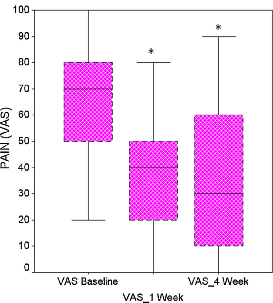Fig. 1
Pain, documented by the visual analogue scale (VAS). Data are presented as median, interquartile range; *P < 0.05, significant difference compared with baseline.