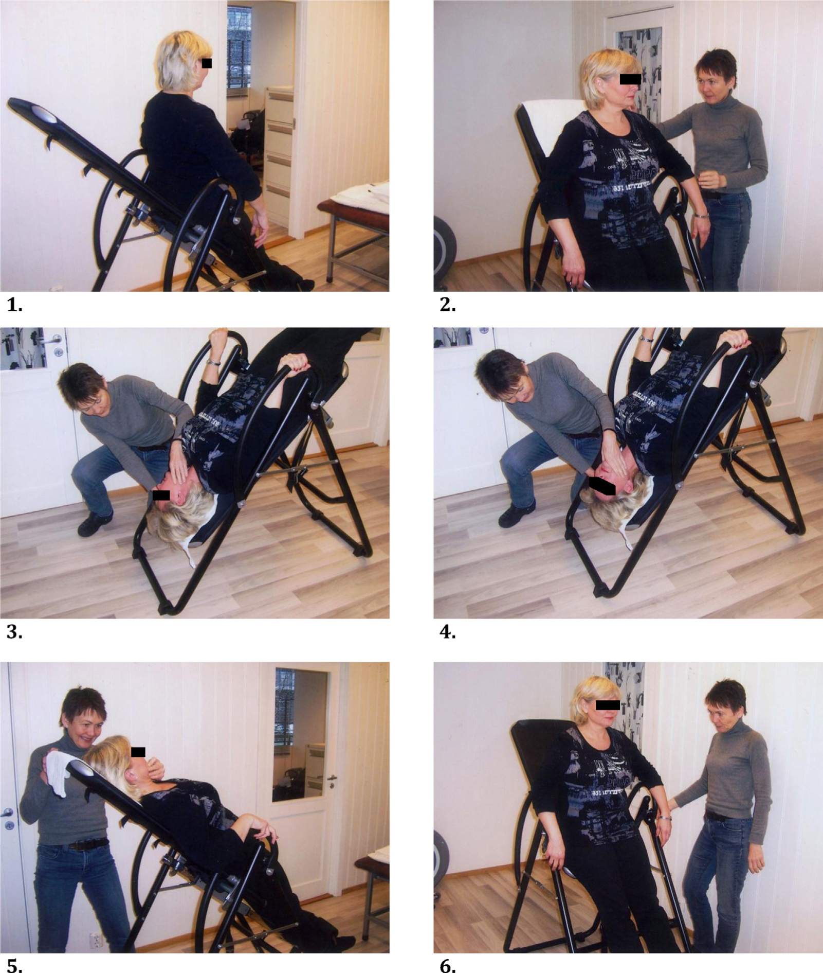 Fig. 2 
              Repositioning of otoliths in anterior semicircular canal (right side). (1) Relax in long sitting position on a tilting table for 5 min. (2) Rotate the head 20° toward the unaffected side. (3) Slowly move the patient backwards until the head is at least 70° under the horizontal line. Hold this position for 3–5 min. (4) Hold the tilted position and slowly rotate the head 40° to the opposite side (i.e. the affected side). Hold this position for 3–5 min. (5) Finally, the table is tilted back to upright position in slow motion. (6) Stay in the upright position for 5 min before, if necessary, repeating the maneuver. The patient sits still for at least 15 min after treatment is completed.
            