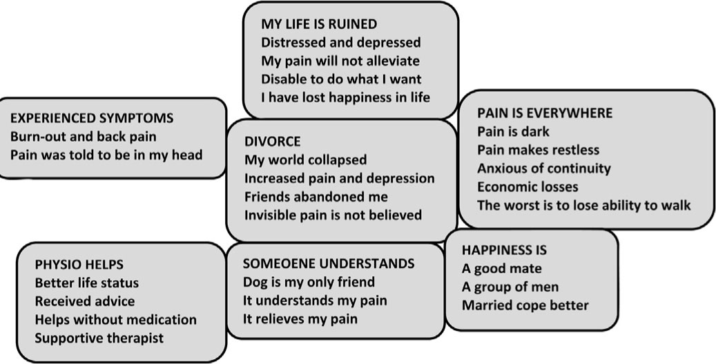 Fig. 3 
                P28’s meaning network of chronic pain. P28’s meaning perspective “There is no sense in my life” P28 had to retire from his job due to burn out and low back pain. His symptoms were vague and he was never examined well. He thinks that his burn out was associated with his continuing back pain. Ever since his retirement, P28 has experienced depression and distress and he has felt himself to be a disabled man. P28 does not believe that his pain will ever be alleviated permanently and therefore he has lost his exuberance. If he had to choose between living and dying, he would choose the latter. P28 lives in his own house and due to his disability he has also had financial problems. His wife divorced him due to his pain by explaining that he was too ill for her. This point represented the ultimate collapse of his world. His depression, distress, and pain intensified and he felt he was all alone own because his friends had also abandoned him. They did not believe P28’s pain to be real due to the lack of any visible trauma or injury and because P28 was active and maintained a good level of physical fitness, which he still does to the best of his ability. For this reason, a complete loss of ability to move is the worst scenario for him. P28’s pain is dark and agonising presence and he thinks that those who are married cope better with pain. His only friend is his dog, which understands him and helps alleviate his pain. P28 longs for the companionship of other men and a good friend to talk with and to engage in men’s hobbies with. Physiotherapy has improved P28’s quality of life. He prefers physiotherapy because it does not involve medication. For him good physiotherapy requires a supportive therapist.
              