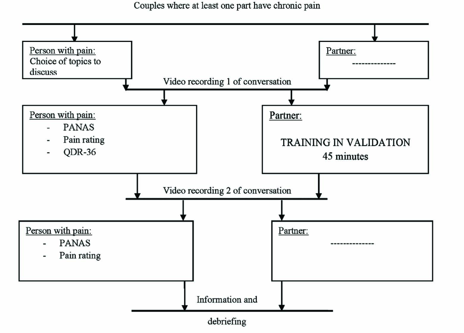 Fig. 1. 
              Overview of the procedure. An overview of the different steps in the procedure for the person in pain and the partner.
            