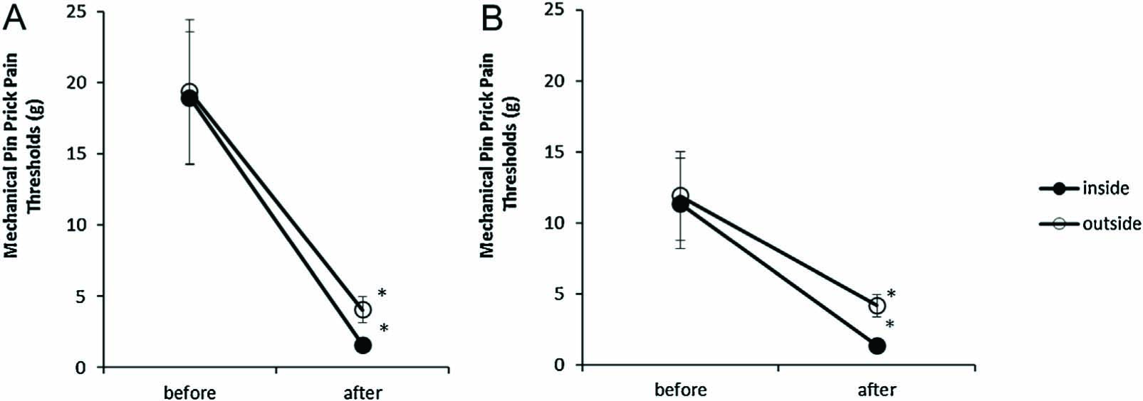 Fig. 3 
               Mechanical pain threshold: Mean (±SEM, N=16) pin-prick pain thresholds (weight calibrated pin-prick instrument) before and 24h after UVB irradiation inside (P4) and outside (P3) the area irradiated in the arm (A) and in the back (B). Significantly decreased pin-prick pain thresholds were observed compared with baseline values (*, BON: P<0.01).
