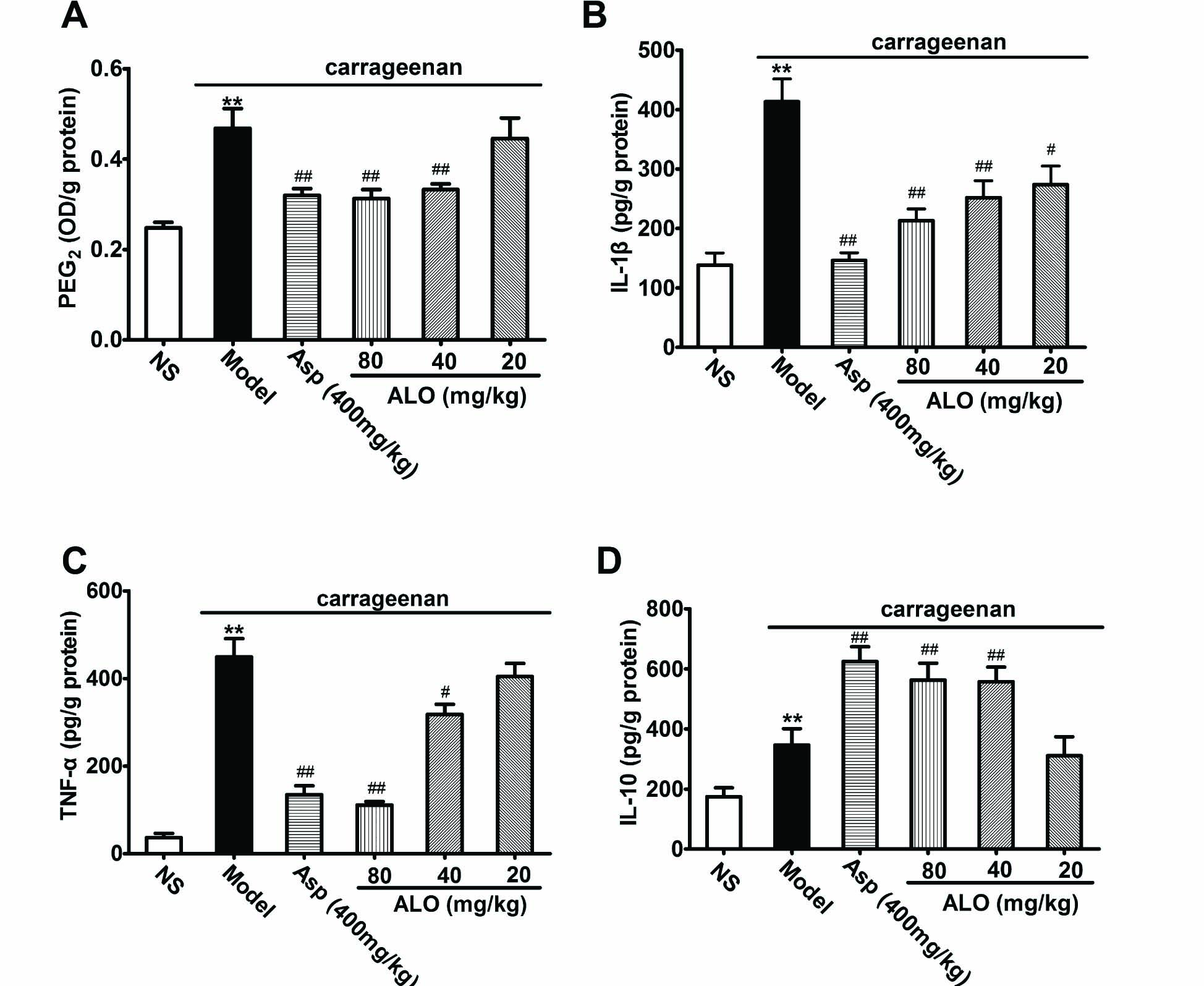 Fig. 7 
							(A) Effects of ALO on content of PGE2; (B) effects of ALO on content of IL-1β; (C) effects of ALO on content of TNF-α; (D) effects of ALO on content of IL-10 in paw edema tissue induced by carrageenan. Mice were treated with saline, aspirin (400mg/kg), or ALO (20, 40 and 80mg/kg). N = 10 in each group. # p < 0.05, ## p < 0.01 vs. the control group; * p < 0.05, ** p < 0.01 vs. the model group, content of PGE2 was expressed as OD value/g of protein. Data were presented as the mean ± S.E.M.