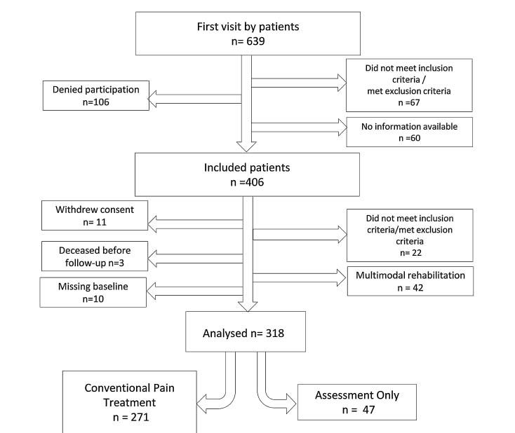 Fig. 1 
              Flow chart of all patients who came to the clinic during the study period and were screened for inclusion. Patients receiving treatment (CPT group) or where assessed and referred (AO group) are the sample in this study. The multimodal rehabilitation group was described elsewhere [29].
            