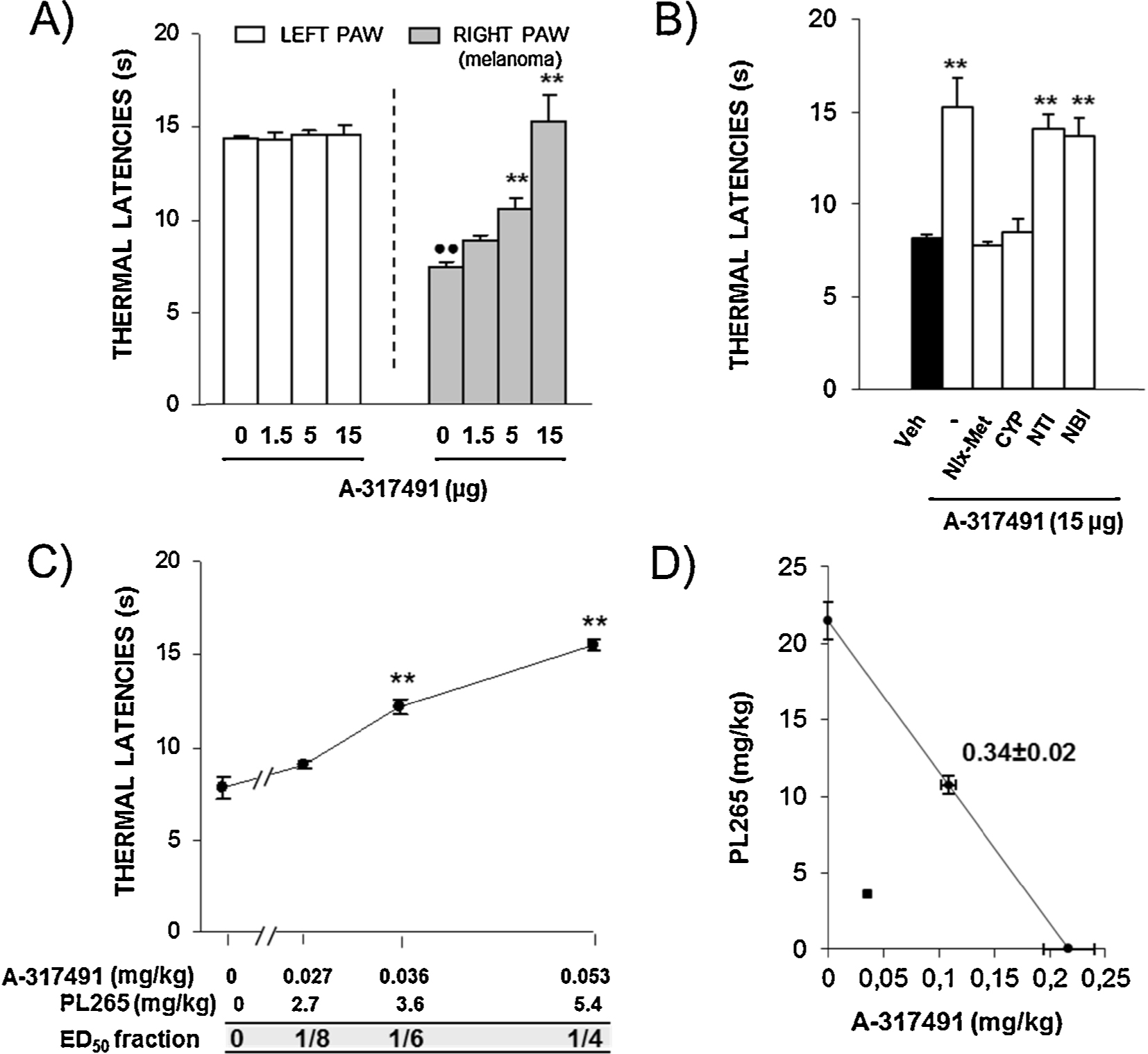 Fig. 5
Potentiation of the antihyperalgesic effect induced by A-317491 by the simultaneous oral administration of PL265 measured by the unilateral hot plate (UHP) te in mice intratibially inoculated with B16-F10 cells into the right paw one week before. (A) Antihyperalgesic effect induced the peritumoral administration of A-31749 (1.5–15μg, 30 min before testing). Bars represent means and S.E.M. (n = 5). ••p < 0.01 versus corresponding left paw of vehicle-treated group, Student’s t test;**p < 0.0 compared with solvent-treated right paws, Dunnett’s ttest. (B) Inhibition of the antihyperalgesic effect induced by 15μg of A-317491 by s.c. administration 30 min befo: testing of naloxone-methiodide (Nlx-Met, 2 mg/kg) and cyprodime (CYP, 1 mg/kg) but not naltrindole (NTI, 0.1 mg/kg) or nor-binal torphimine (BNI, 10 mg/kg). Bars represei means and S.E.M. (n = 5–6). **p < 0.01 versus gabapentin-treated mice, Newman–Keuls test. (C) Antihyperalgesic effect induced by the combined administration of A-31749 and PL265 at fixed doses that represent 1/8, 1/6 and 1/4 of their ED50 values. Each point represents the mean with the corresponding S.E.M. (n = 6 per group).**p < 0.0 compared with vehicle-treated mice, Dunnett’s t test. (D) Isobologram showing the interaction between A-317491 and PL265 administered 30 min before testing. The obliqi line between the x and y axes is the theoretical additive line. The point in the middle of this line is the theoretical additive point calculated from the individual drug ED50 values. The point below the line is the experimental ED50 value obtained with the combination. Horizontal and vertical bars indicate S.E.M.
