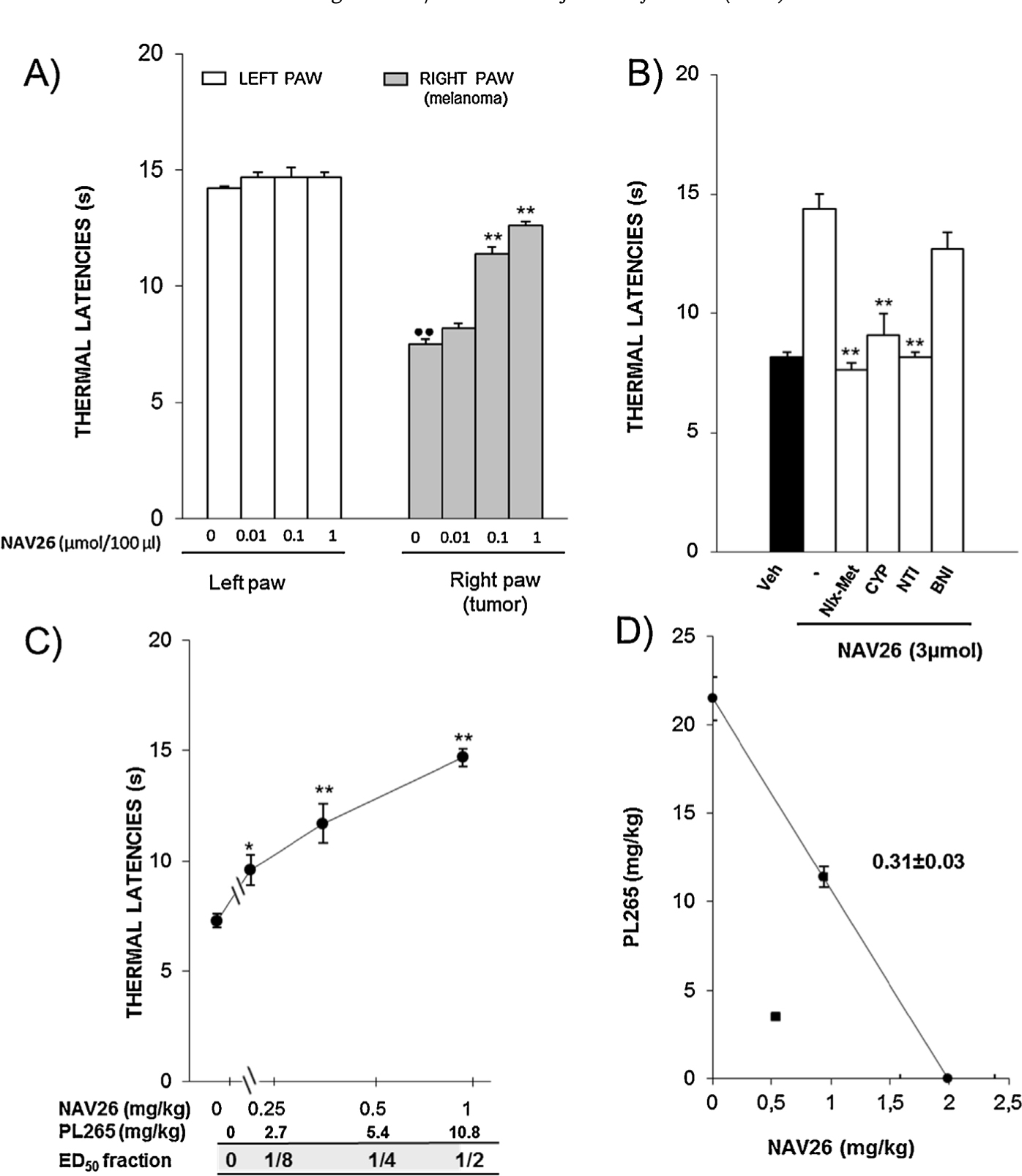 Fig. 10
Potentiation of the antihyperalgesic effect induced by the peritumoral administration of NAV26 by the simultaneous oral administration of PL265 measured by the unilateral hot plate (UHP) test in mice one week after the intratibially inoculation of B16-F10 cells in their right hind paws. (A) Antihyperalgesic effect induced by NAV26 (0.01–1 μmol, 30 min before testing). Bars represent means and S.E.M. (n = 5–6). ••p < 0.01 versus corresponding left paw of vehicle-treated group, Student’s t test;**p < 0.01 versus vehicle-treated right paws, Dunnett’s ttest.(B) Inhibition of the antihyperalgesic effect induced by 3 μmolof NAV26bys.c. administration 30 min before testing of naloxone-methiodide (Nlx-Met, 2 mg/kg), cyprodime (CYP, 1 mg/kg) and naltrindole (NTI, 0.1 mg/kg) but not nor-binaltorphimine (BNI, 10 mg/kg). Bars represent means and S.E.M. (n = 6–7). **p < 0.01 versus NAV26-treated mice, Newman–Keuls test. (C) Antihyperalgesic effect induced by the combined administration of NAV26 and PL265 at fixed doses that represent 1/8, 1/4 and 1/2 of their ED50. Each point represents the mean with the corresponding S.E.M. (n = 5). *p < 0.05, **p < 0.01, compared with vehicle-treated mice, Dunnett’s ttest. (D) Isobologram showing the interaction between NAV26 and PL265 administered 30 min, before testing. The oblique line between the x and y axes is the theoretical additive line. The point in the middle of this line is the theoretical additive point calculated from the individual drug ED50 values. The point below the line is the experimental ED50 value obtained with the combination. Horizontal and vertical bars indicate S.E.M.