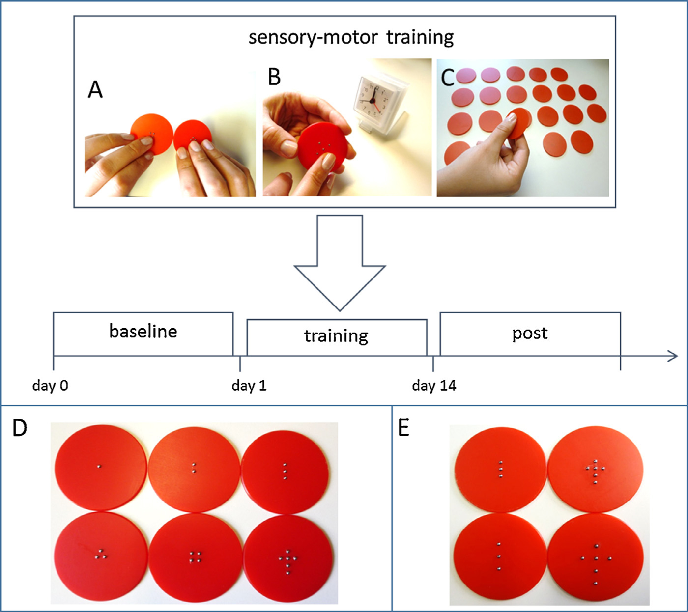 Fig. 1 
								Time course of experimental design. Patients come in for testing on day 0 for the baseline and day 15 for the post assessment. Day 1 until day 14, the patients are training by themselves at home and fill out their pain and training diary everyday. Sensory-motor training: Patients were using three different training modalities provided: (A) bi-manual training, where the participant uses both hands to recognize the same pattern; (B) speed training, where the participant tries to recognize patterns as quickly as possible with the affected hand; (C) Memory Game like training modality where the participant needs to identify two identical patterns just by haptic recognition with the affected hand; (D) all 6 different patterns patients have to recognize (one dot, two dots, three dots in a row, triangle, square and arrow); (E) two different degrees of difficulty, further apart = easier (lower part of the figure), closer together = more difficult (upper part of the figure).
							