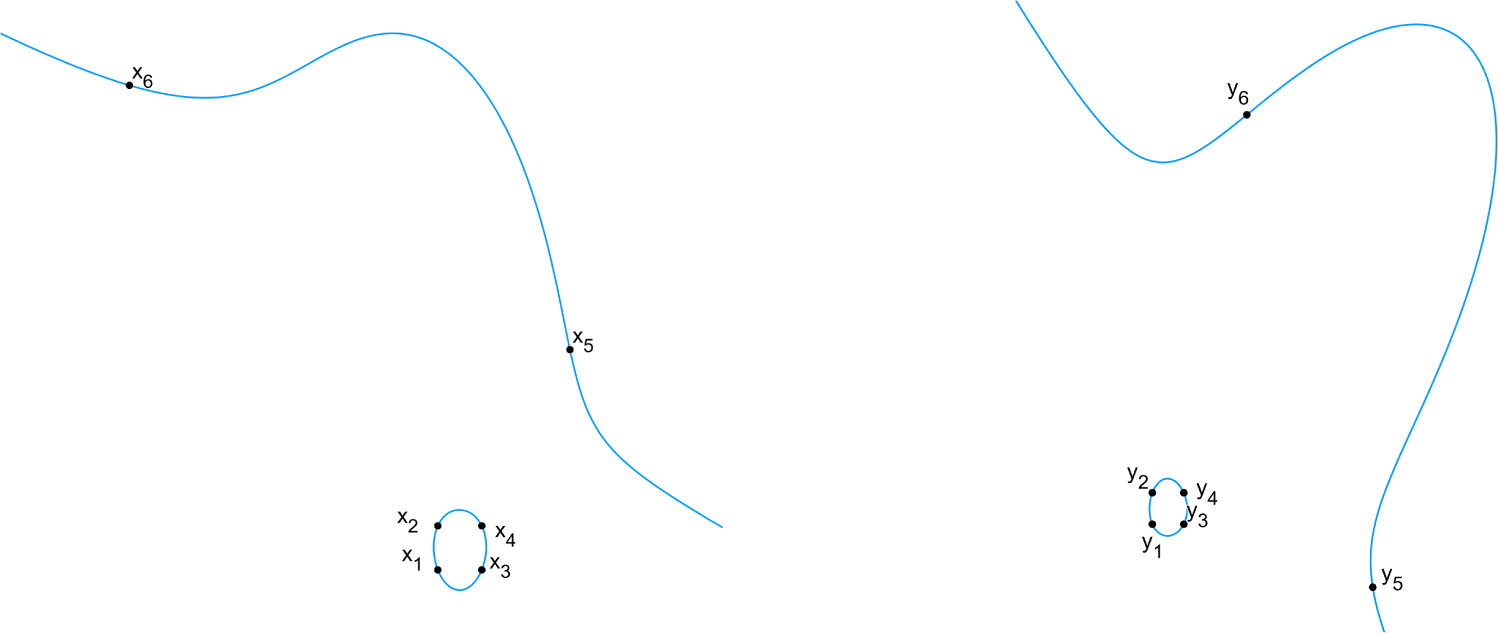Figure 1 The cubic curves Cx and Cy from Example 4.1, with xi and yi labeled.