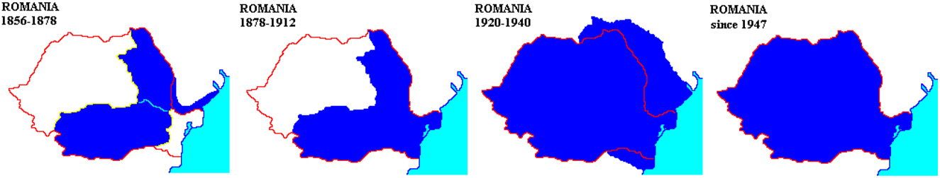 Figure 1:
The territorial evolution of Romania from 1856 to the present day. Source: World History at KMLA (https://www.zum.de/whkmla/region/balkans/xromania.html). The figure illustrates the fast pace of Romania’s unification, which also meant territorial and population changes that posed significant challenges to Romanian policymakers and legislators.