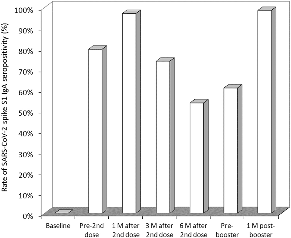 Figure 2: 
Rate of SARS-CoV-2 spike S1 IgA seropositivity in healthcare workers receiving primary BNT162b2 vaccination and homologous booster.
M, months.
