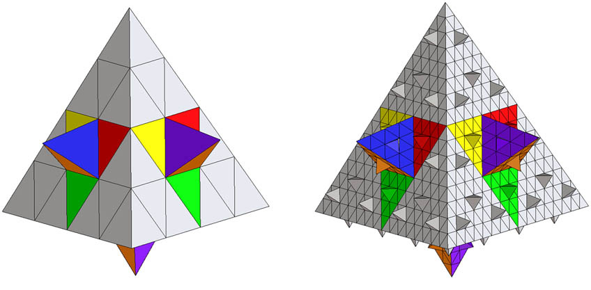 Figure 2 
                  Koch 4-crystal 
                        
                           
                           
                              
                                 
                                    Ω
                                 
                                 
                                    4
                                 
                              
                           
                           {\Omega }_{4}
                        
                      (pre-fractal structure: first and second iterations).
               