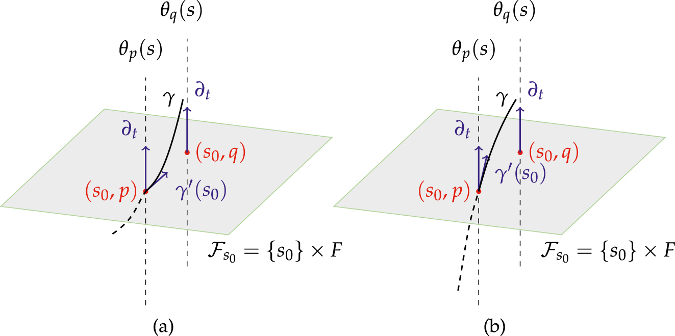 Figure 1: 
Evolution of free falling observers in a Galilean Twisted spacetime: (a) f
t
(s0, p) > 0: Every free falling observer γ evolves asymptotically to a commovil observer. (b) f
t
(s0, p) < 0: Each free falling observer γ evolves to some spacelike direction.

