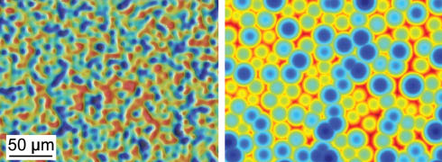 Figure 2 Color-coded height profiles of diffractive (left) and refractive (right) micro-optical diffusers.
