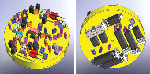 Figure 3 CAD model of a conceptual eLISA optical bench, diameter 35 cm. This is a two-sided design with interferometric optics on one side (left) and imaging detector assemblies on the other (right). The low expansion substrate to which components are attached is lightweighted and beams pass through holes between the two sides via periscopic optics. Figure reproduced from [55].
