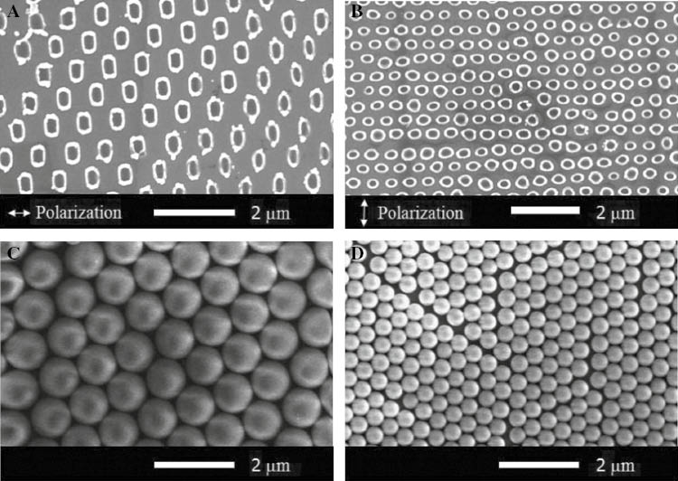 Figure 9: (A and B) SEM images of the Si surface after femtosecond laser irradiation. (A) 800 nm with fluence of 288 mJ/cm2; (B) 400 nm with fluence of 57 mJ/cm2. (C and D) SEM images of ordered monolayer PS spheres in hexagonal array on silicon substrate. (C) The diameter is 800 nm. (D) The diameter is 450 nm [48].
