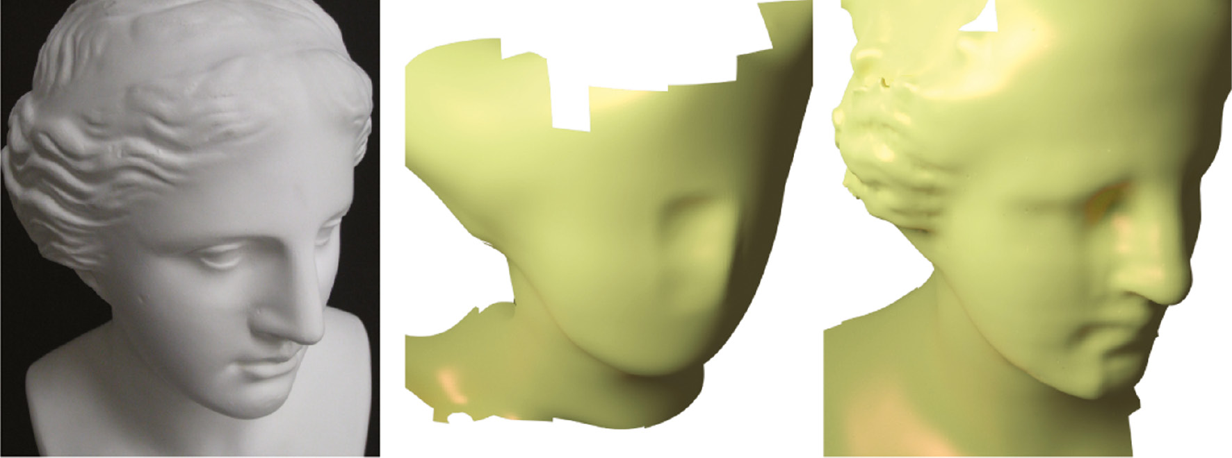 Figure 3: High-resolution surface reconstruction from multiple depth images [35]. (Left) Picture of original surface of the model. (Center) Surface reconstructed using a single depth image. (Right) Surface reconstructed by proposed method using 30 depth images.