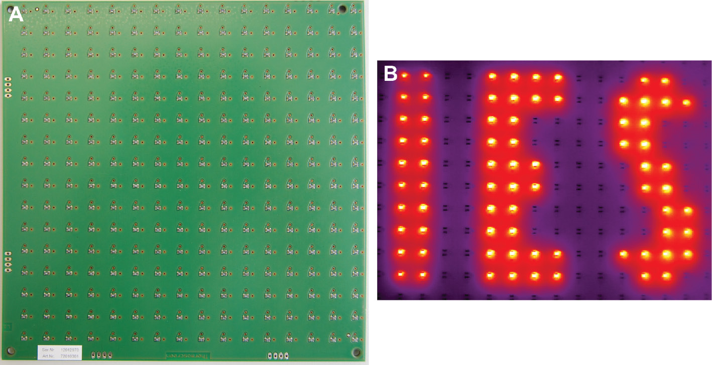 Figure 7: Resistor array for thermal pattern generation. (A) Prototype circuit board with a 16×16 array of SMD resistors. (B) By controlling the current flowing through each resistor individually, arbitrary pixel images can be displayed.