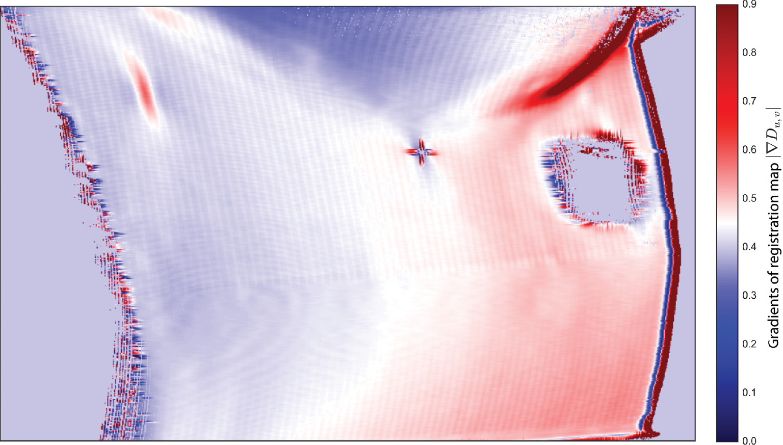 Figure 10: Gradient map of a car body part resulting from measurement during linear movement of the part. The part was moving from left to right under the sensor, which was fixed over the transport mechanism.