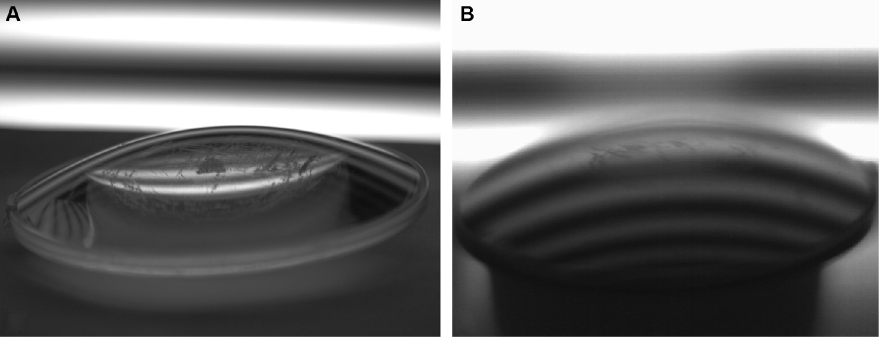 Figure 11: Fringe reflections from the same plastic lens in the visible (A) and IR (B).