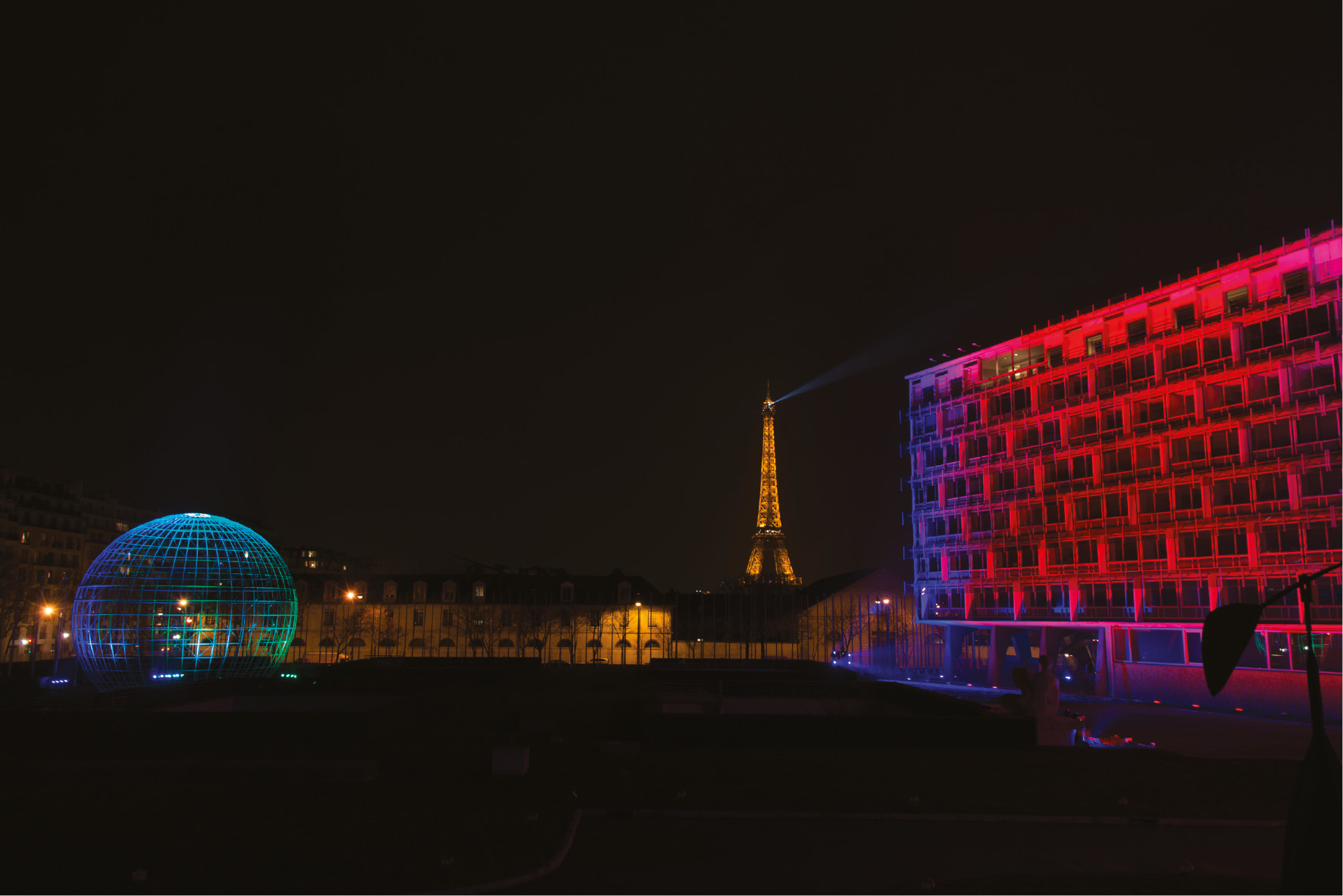 The Aurora Borealis by the Finnish Light Artist Kari Kola decorating the UNESCO Fontenoy building.