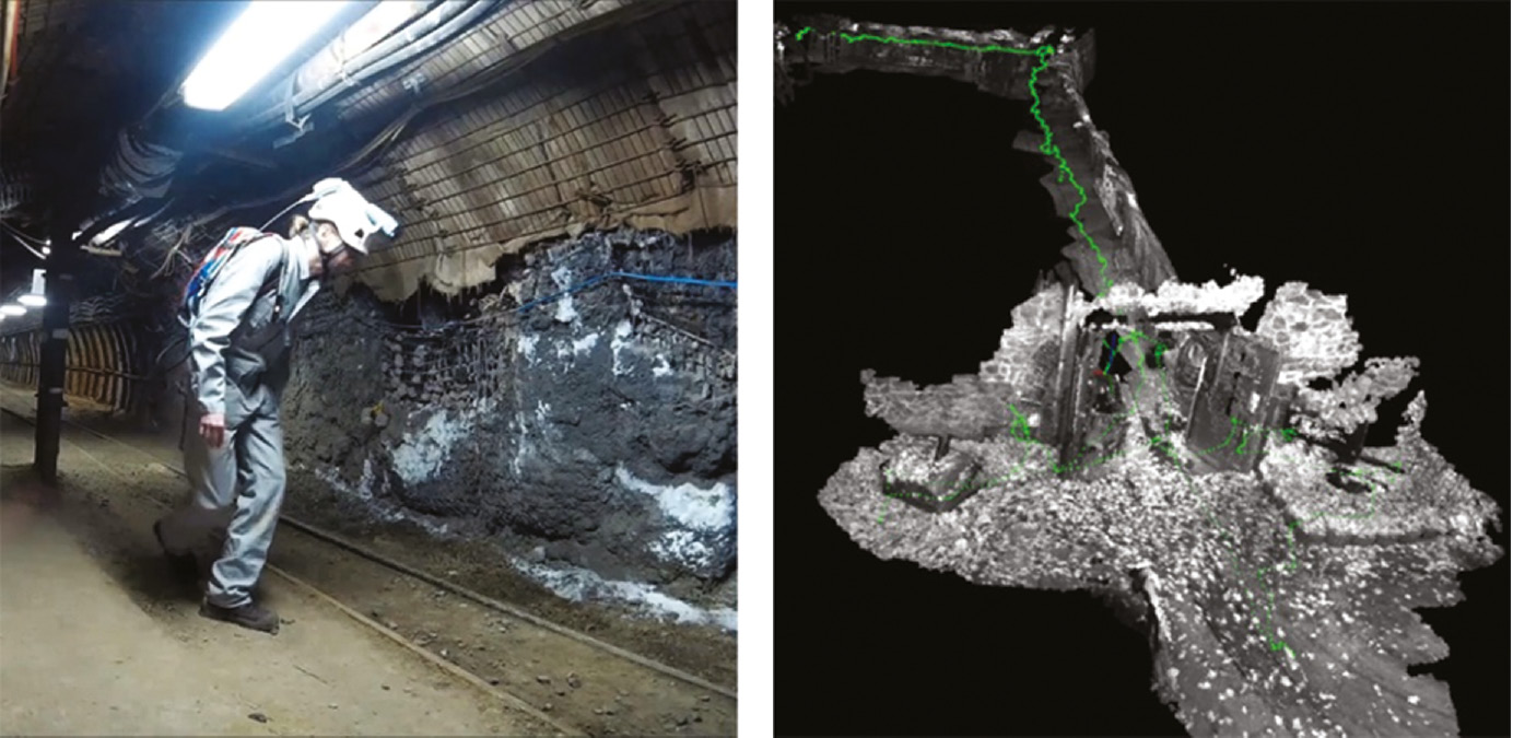 Figure 7: Inspection for a mining application (left) and derived data product showing a trajectory plotted over a 3D model generated by IPS data (right).