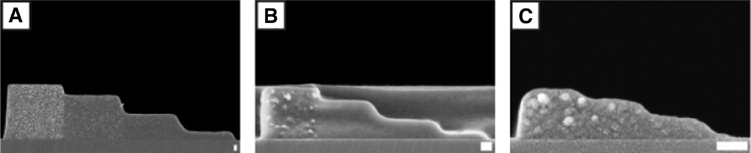 Fig. 1: Scanning electron micrographs of cross sections through four-resist-level grayscale patterns fabricated in 100 kg/mol PMMA prepared from different initial films of (A) 2000 nm, (B) 500 nm and (C) 200 nm (scale bar, 100 nm). The notable granularity, especially of the highest (= unexposed) step, is due to the relative large molecular weight compared to the other steps.