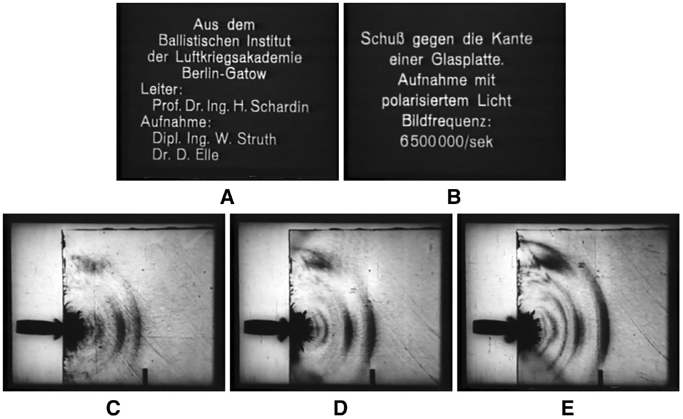 Figure 3: Images from a movie visualizing the shock wave in a glass plate due to a projectile impact. Title screens (A, B) and images (C–E) taken at a frame rate of 6.5 Mfps!