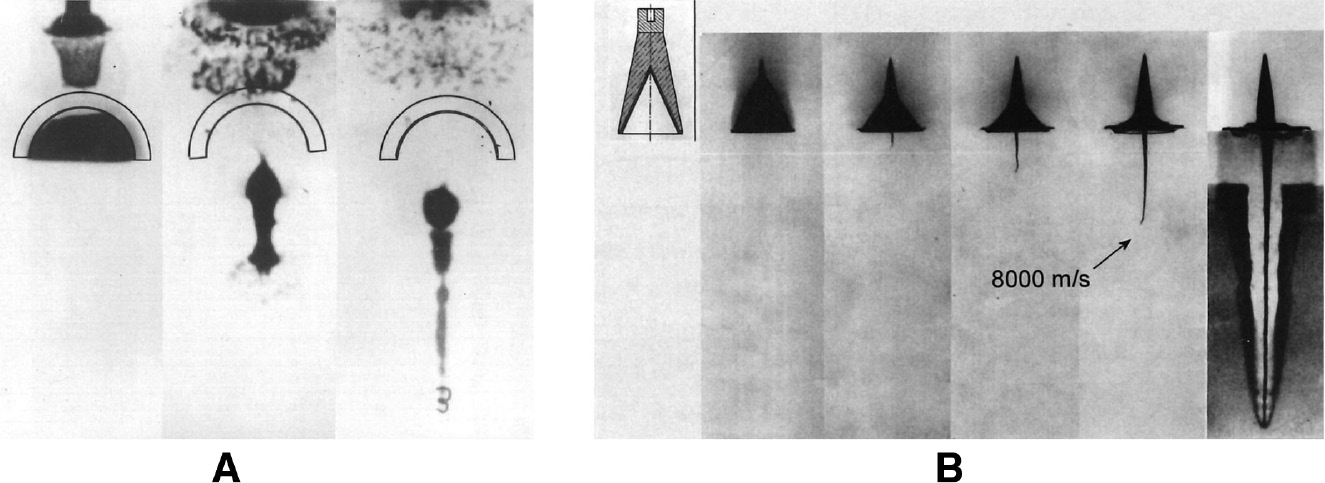 Figure 4: First visualization of a projectile formation from a spherical-shaped charge in the 1940s (A) and visualization of projectile formation from a conical-shaped charge and its effect on armor (B).