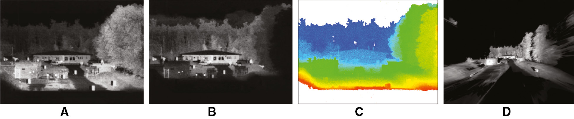 Figure 16: Examples for intensity correlation: (A) and (B) are the two recorded images, (C) is the Z-map, and (D) is the reconstructed 3D scene model.