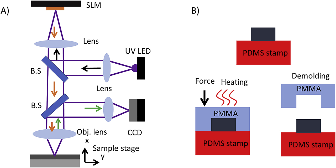 Figure 3: Fabrication of polymer microstructures. (A) Maskless photolithography process employing an SLM, (B) Hot embossing process.