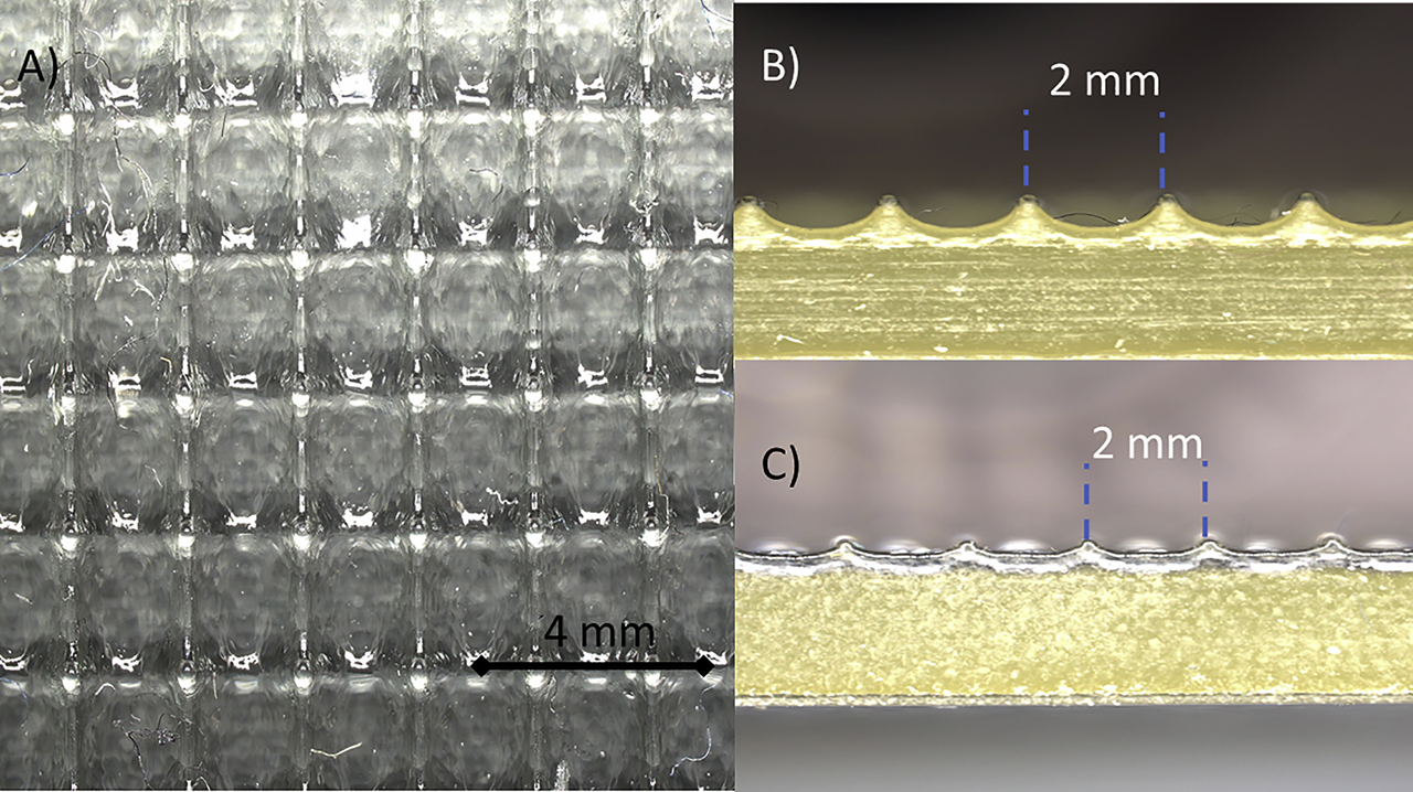 Figure 9: Fabricated diffuser on PMMA. (A) Microscopic image of the fabricated diffuser, (B) side view of the diffuser lens in x-direction, and (C) in y-direction.