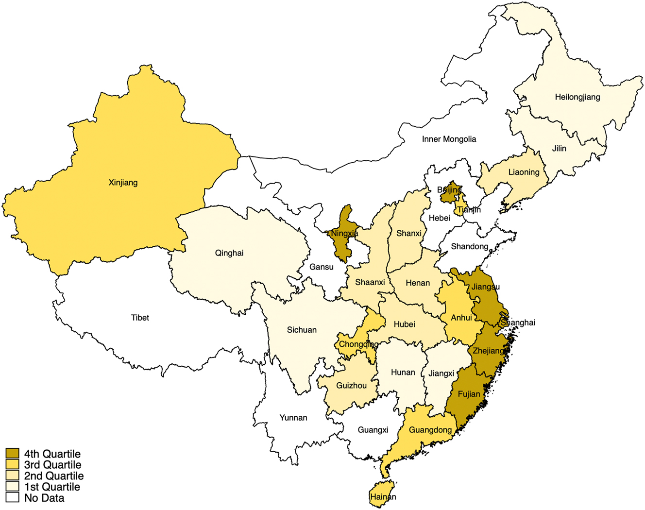 Figure 1A:
Choropleth map of litigation rates. The figure shows litigation rates in 2018 by province. Litigation rates are defined as the number of civil lawsuits in which the plaintiff used an attorney per 10,000 people. Darker shades of yellow indicate higher litigation rates.