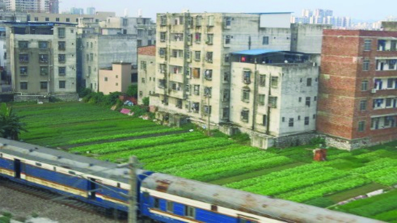 Figure 5: Slow train, paddies and residences in Liuzhou, Guangxi, seen from high-speed train.