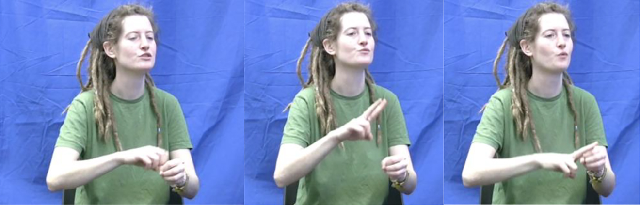 Figure 3: 
Signer (BL13, 00:02:49) demonstrating Manchester number signs (this is erroneously believed to be the traditional Manchester number 12, when it is closer to the traditional Manchester number seven or 17). This shows awareness of the numbering system but as this signer doesn’t use the system, they did not match the correct number to the sign.
