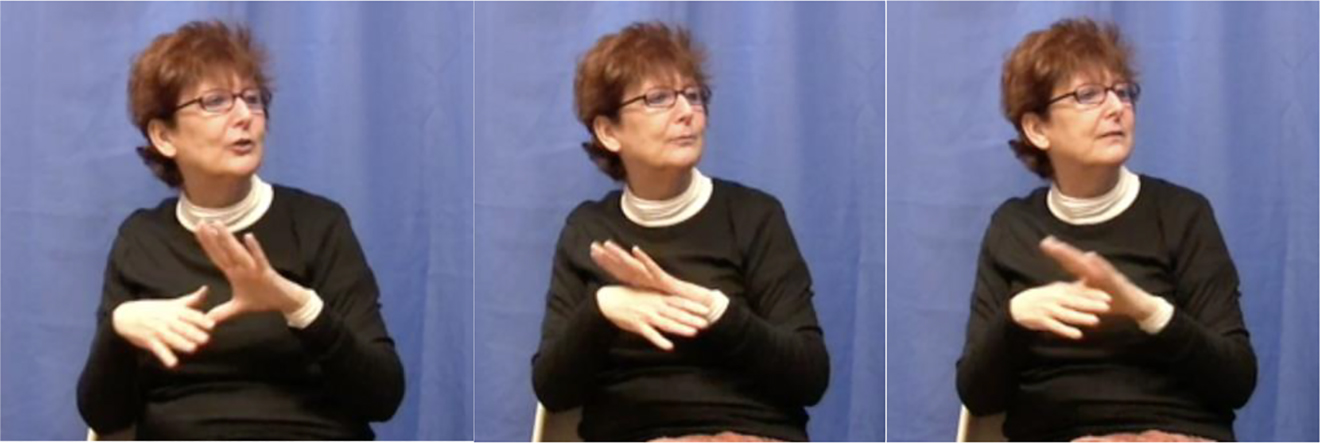 Figure 5: 
Signer demonstrating Scottish sign for ‘arrangement’, which means ‘sex’ in other parts of the UK.
