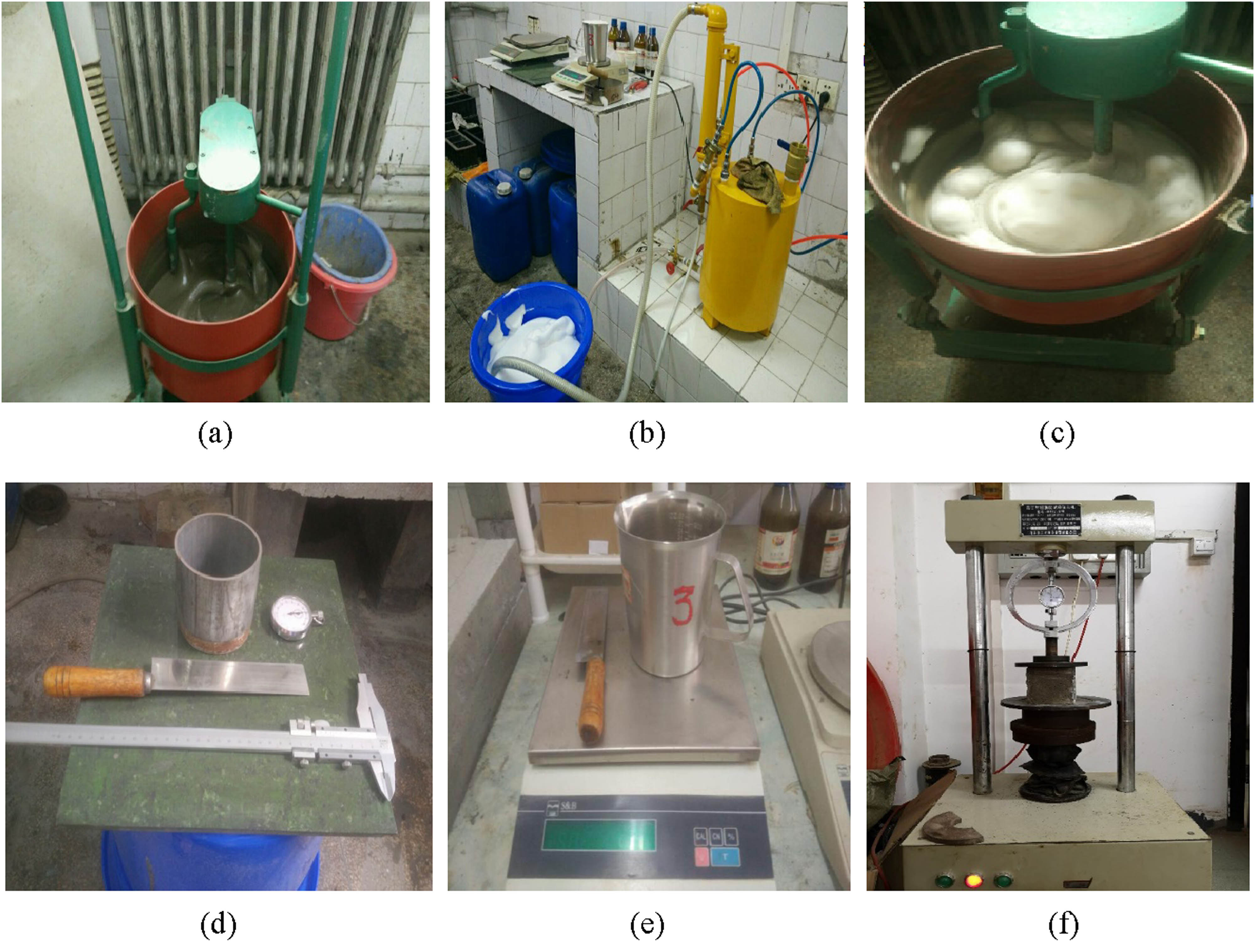 Figure 2 
                     Preparation process and basic properties tests of foamed lightweight soil. (a) Cement slurry mixing. (b) Foam formation. (c) Stir in foam. (d) Flow value test. (e) Wet density test. (f) Compressive strength test.
                  
