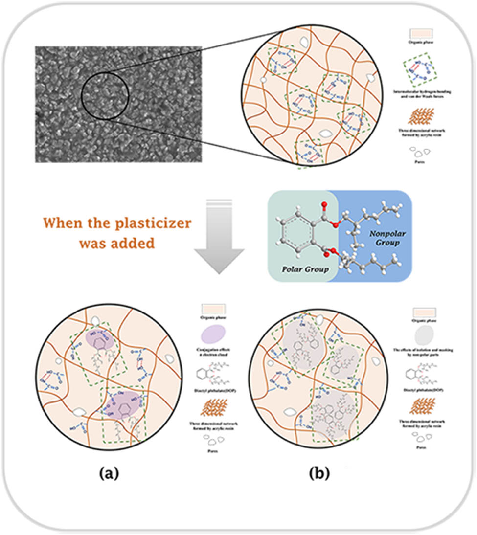 Figure 14
Effect of DOP as the plasticizer on the casting slurry. (a) Interaction: Conjugation effect, and (b) non-polar parts: Isolation and masking.