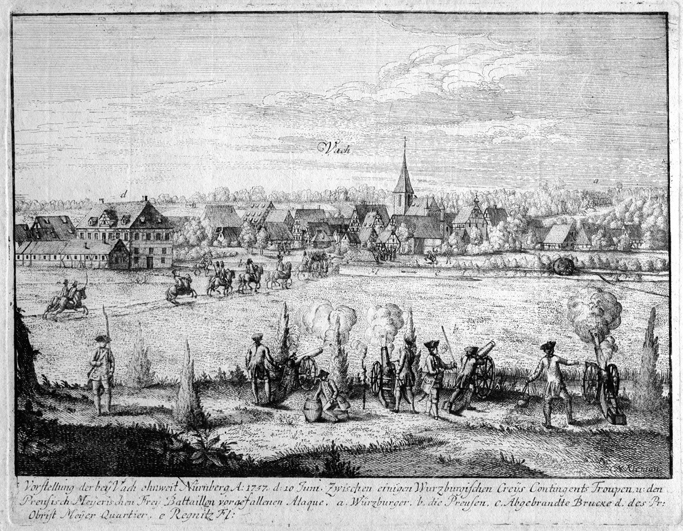 Abb. 1: Christoph Nikolaus Kleemann: Angriff des preußischen Freikorps Mayr 10. Juni 1757