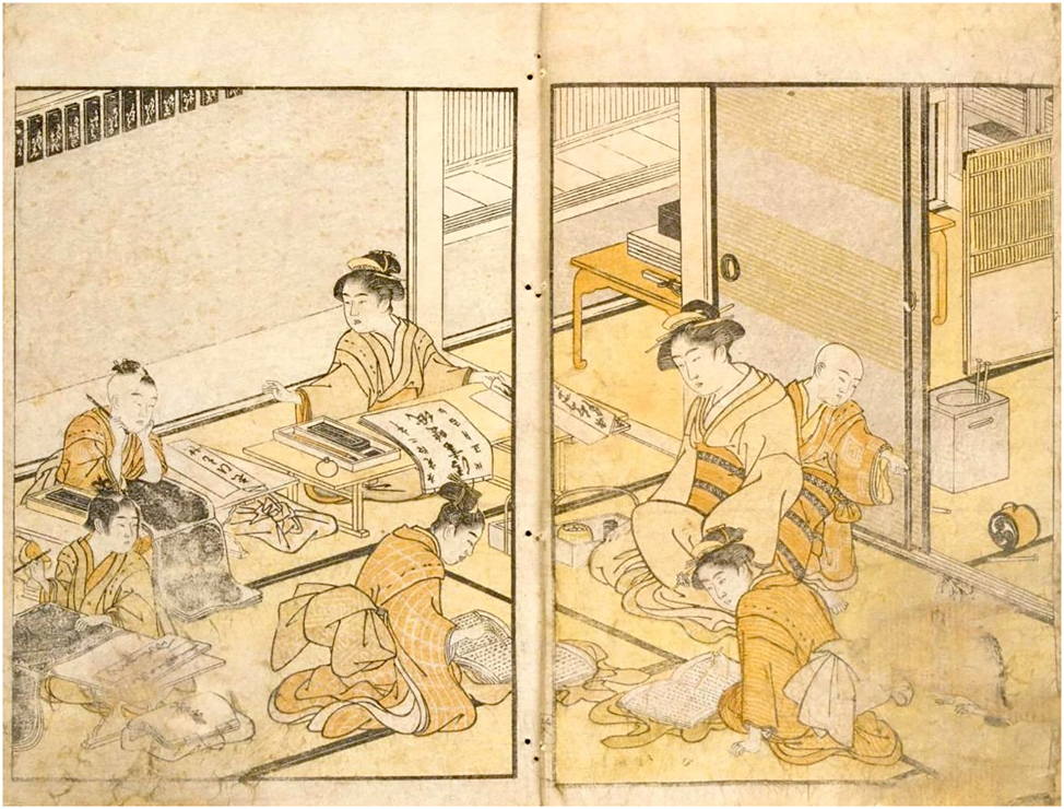 Figure 4: 
Ehon Sakae Gusa (1790, Katsukawa Shunchō), Volume 2, Page 8 (verso), 8 (recto). Source: National Diet Library (NDL) Online.
