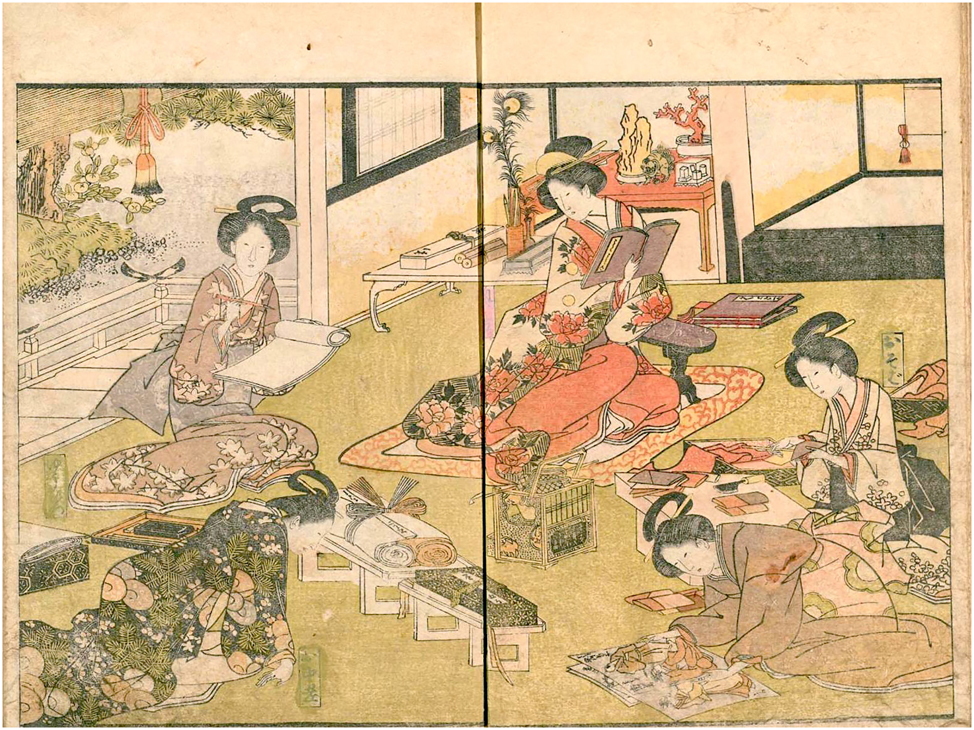 Figure 8: 
Ehon’imayō Sugata (Picture Book of Fashion of the Times, 1802), Volume 1, Page 5 (recto), 6 (verso). Source: National Diet Library (NDL) Online.
