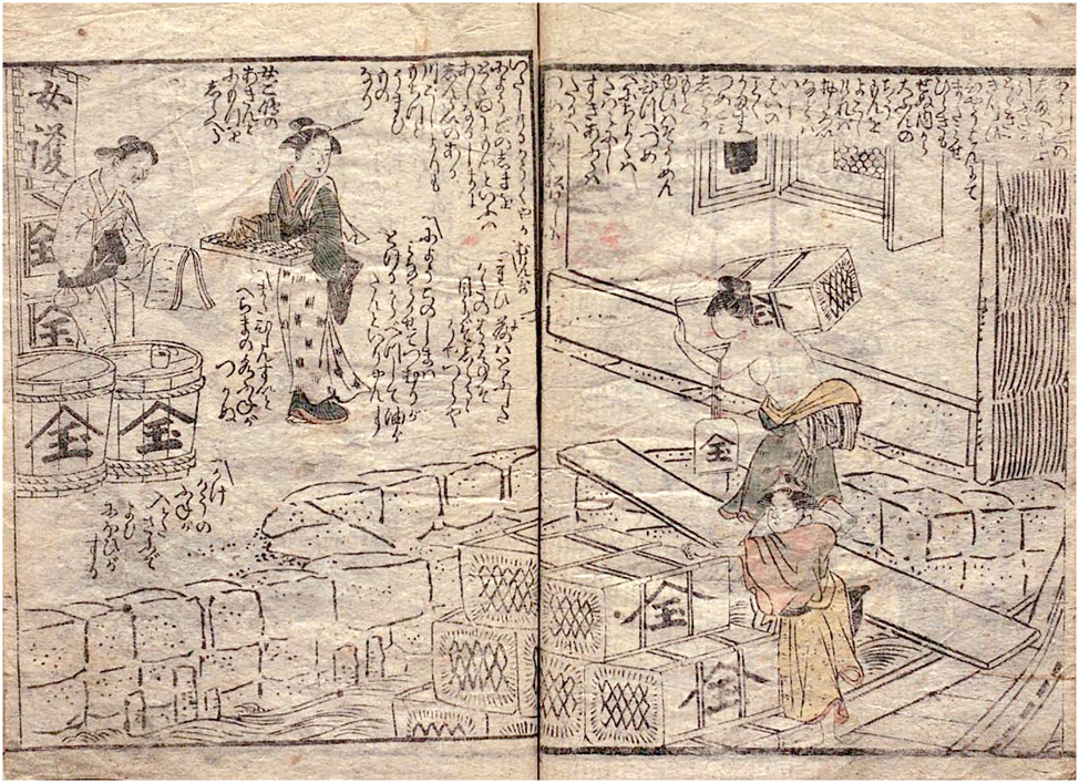Figure 9: 
Onna Masakado Shichinin Keshō (The Seven Transformations of Women Masakado, Santō Kyōden, 1792, kibyōshi), Page 6 (recto), 7 (verso). Source: National Diet Library (NDL) Online.
