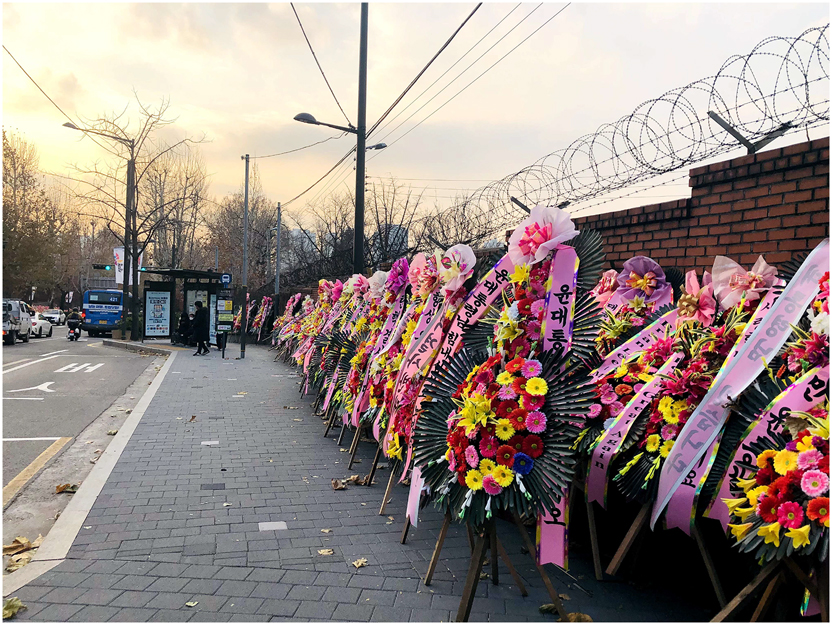 Photo 3: 
Rows of flower wreaths bearing messages of support for Mr Yoon lined the streets surrounding the Presidential Office in Seoul, Seoul. © Adrian Gasser, December 2024.
