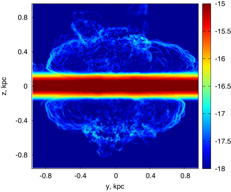 Figure 2 
               Density slice of a bubble driven by a cluster of 300 SNe located at 60 pc above the midplane at time moment 15 Myr. The gas metallicity is 
                     
                        
                        
                           
                              [
                              
                                 Z
                                 
                                    
                                    /
                                    
                                 
                                 H
                              
                              ]
                           
                           =
                           0
                        
                        \left[Z\hspace{-0.1em}\text{/}\hspace{-0.1em}H]=0
                     
                  .
            