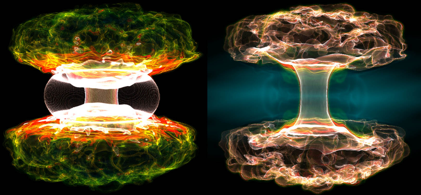 Figure 4 
                  3D image of the growing bubble shown in Figure 2 at the age 18 Myr – left and right panels depict the density and the temperature structure, correspondingly; for the sake of clarity, the density is limited in a range 
                        
                           
                           
                              n
                              =
                              1
                              
                                 
                                    0
                                 
                                 
                                    −
                                    4
                                 
                              
                              −
                              1
                              
                              
                                 
                                    cm
                                 
                                 
                                    −
                                    3
                                 
                              
                           
                           n=1{0}^{-4}-1\hspace{0.33em}{{\rm{cm}}}^{-3}
                        
                     , the temperature is within 
                        
                           
                           
                              T
                              =
                              1
                              
                                 
                                    0
                                 
                                 
                                    3
                                 
                              
                              
                                 
                                 –
                                 
                              
                              1
                              
                                 
                                    0
                                 
                                 
                                    5
                                 
                              
                              
                              K
                           
                           T=1{0}^{3}\hspace{0.1em}\text{&#x2013;}\hspace{0.1em}1{0}^{5}\hspace{0.33em}{\rm{K}}
                        
                     . In order to eliminate rather strong contaminations from the gaseous disc its contribution has been subtracted in the left panel; the thin elliptically shaped artefact remained from the subtraction procedure. We use the YT package (Turk et al. 2011) to produce this figure.
               