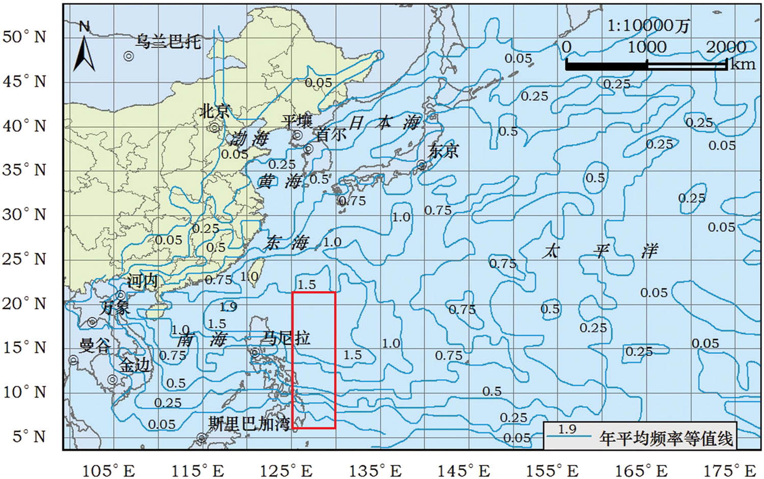 Figure 4 
               The distribution map of the annual average frequency of tropical cyclones in the Northwest Pacific from 1990 to 2009, design coverage area for the task within the red box (Liu and Liu 2012).
            
