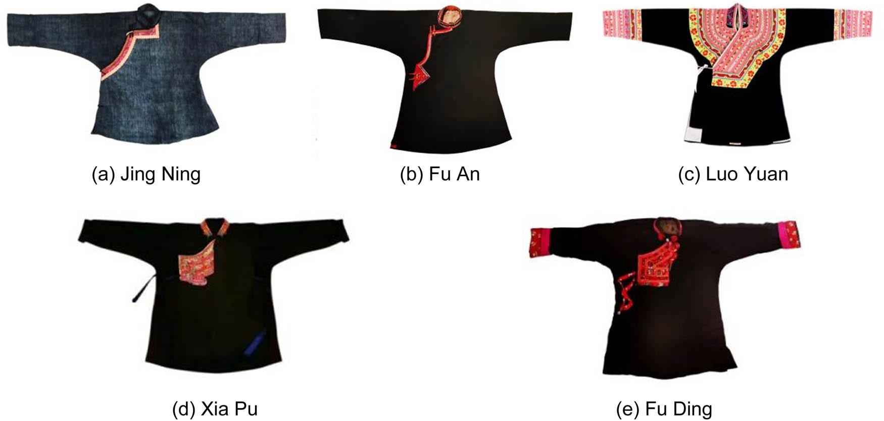 Figure 1 
                  Experiment samples: (a) Jing Ning, (b) Fu An, (c) Luo Yuan, (d) Xia Pu, and (e) Fu Ding.
               