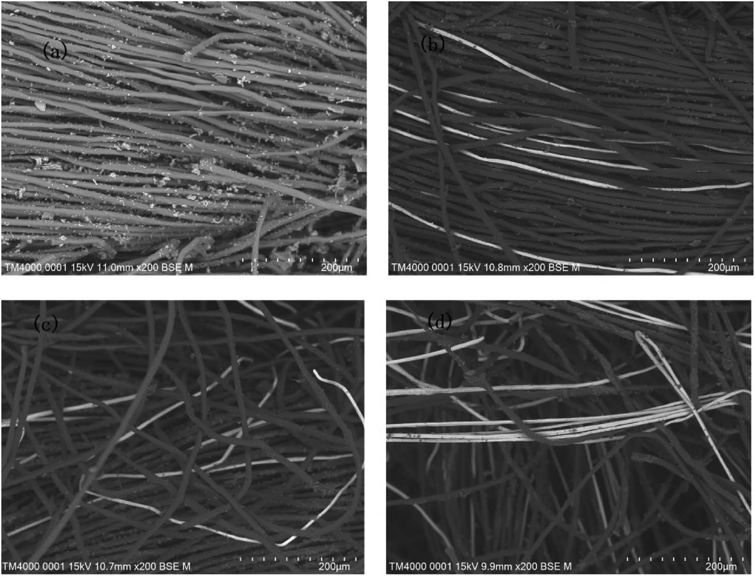 Figure 8
SEM images of blended fabrics treated with flame retardant with stainless steel fiber/Lyocell fiber ratios of (a) 0%/100%, (b) 10%/90%, (c) 20%/80%, and (d) 30%/70%.